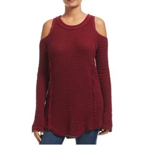 Burgundy cold shoulder waffle knit sweater